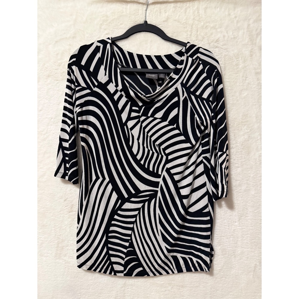 Chicos Travelers Top Womens 0 Small Black White Abstract Swirl 3/4 Sleeve Cowl